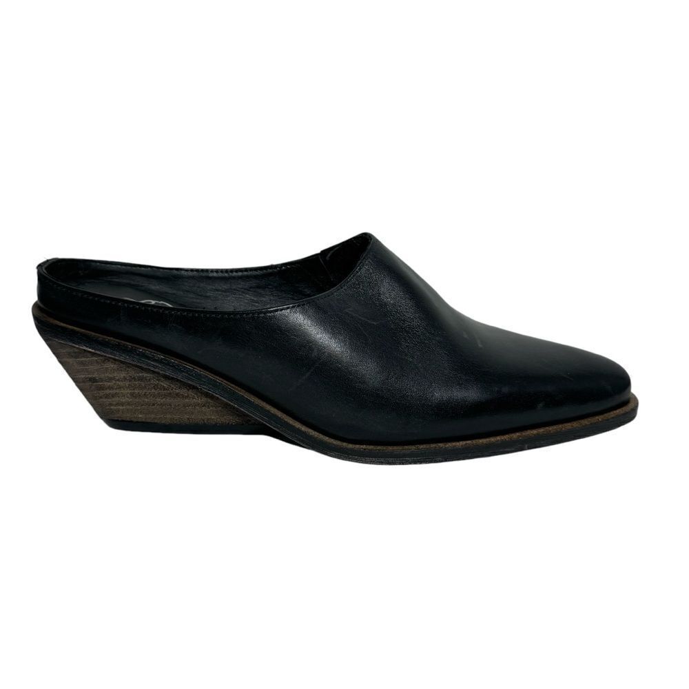 Free People black leather square toe wooden block heel slip-on mules size 38 New